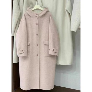 2024雙面呢連帽小個子女中長款新款韓版單排扣寬松羊毛呢外套粉色