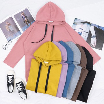 AHUA阿華有事嗎 韓國女裝 素色落肩抽繩加絨長袖帽T【C1491】百搭基本款