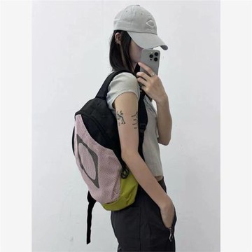 2025新款韓系撞色網眼輕便雙肩包書包小眾設計感菱形格子背包