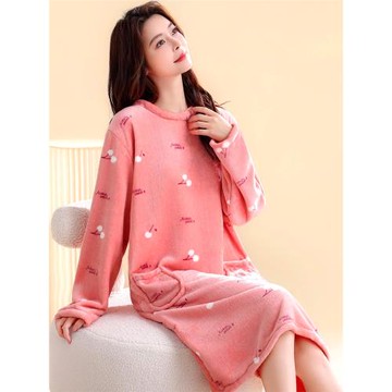加厚秋冬甜美卡通法蘭絨睡裙女睡衣家居服長款珊瑚絨浴裙可愛柔軟
