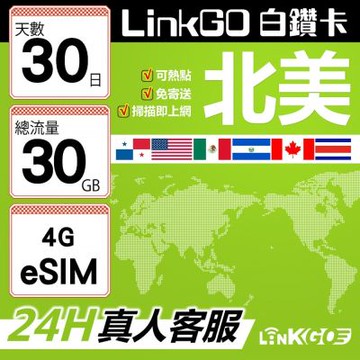 LinkGO白鑽卡 北美 eSIM卡 AT&T/Verizon 30天總流量30GB(北美網卡 美國 加拿大 墨西哥)