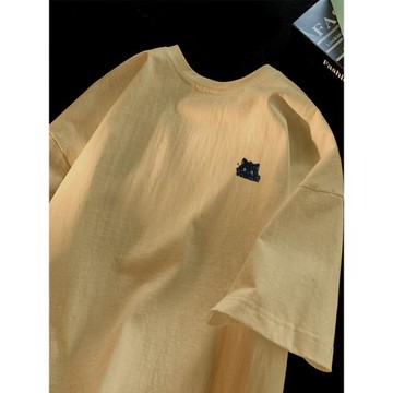 刺繡重磅100%純棉短袖T恤男潮牌ins寬松體恤呆萌小貓繡花體恤上衣