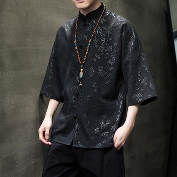 中國風新中式花襯衫男表演短袖夏季冰絲改良中山漢服民國唐裝上衣