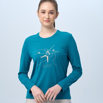 【WILDLAND荒野】女超輕印花吸排圓領長袖機能藍綠