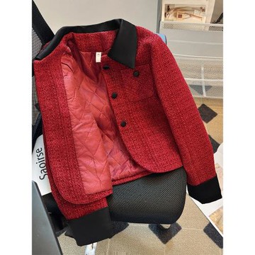 酒紅色小香風外套女秋冬2025新款小個子夾棉加厚短款本命年上衣