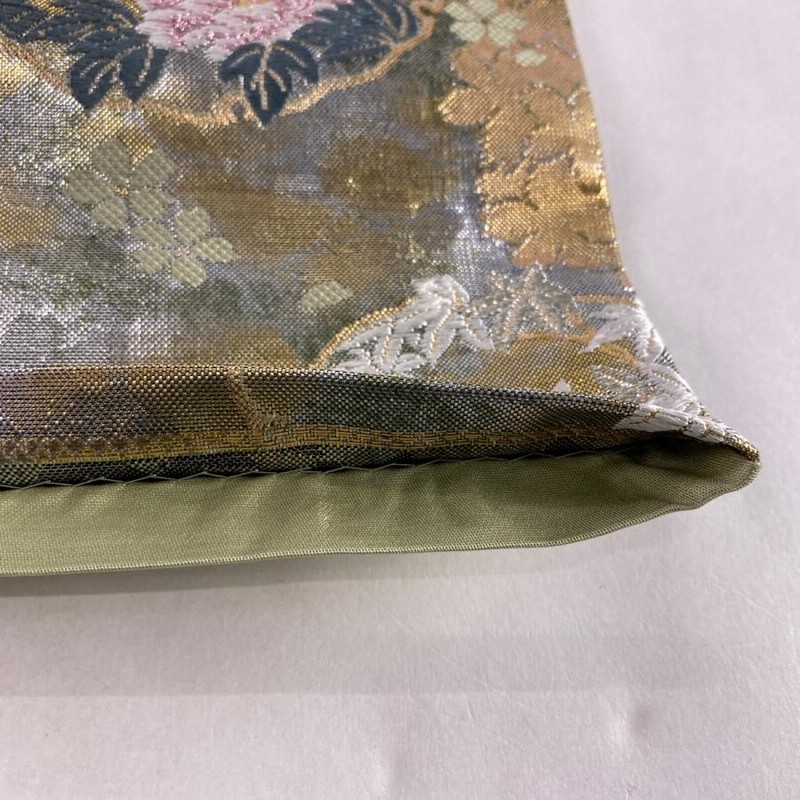 袋帯 美品 秀品 雪輪 草花 箔 刺繍 よもぎ色 六通 正絹 中古 通販 LINE 