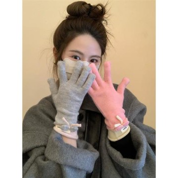 溫柔的顏色~韓國羊毛混紡露指可觸屏玩手機ins保暖手套騎車防寒