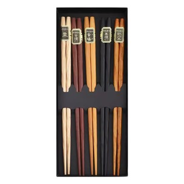 LifeShopping 原木筷子五色木禮盒組 筷身筆直不易變形 無漆無蠟 天然健康  多色  5雙筷子  1盒