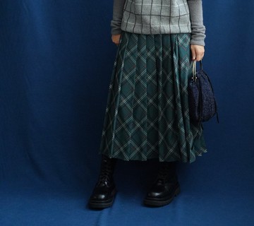 綠格子百褶裙古著中古裙 vintage