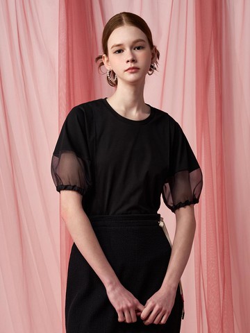 Organza Puff Sleeve Top (PM1252T050) [Black]