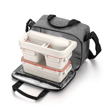 《tescoma》Freshbox肩背保冷袋+保鮮餐具組-岩灰-- 保溫袋 保冰袋 便當袋 手提袋 野餐包 野餐袋 保鮮盒 便當盒