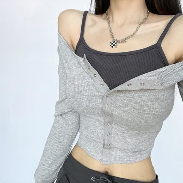 美式復古設計感撞色針織開衫吊帶兩件套修身顯瘦短款長袖打底上衣