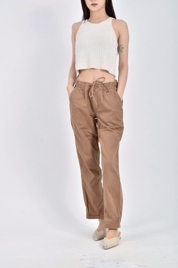 (L) roots棉質純棉鬆緊腰低腰棕色長褲