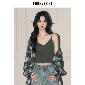 Forever21灰色設計感美背V領小吊帶女春修身內搭帶胸墊背心短上衣