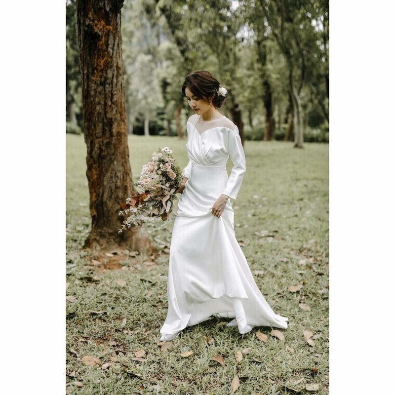 ウエディングドレス 購入 長袖 花嫁 二次会ドレス シンプル 白