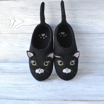 毛氈羊毛黑貓拖鞋兒童可愛定制幼兒保暖家居鞋禮物