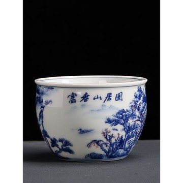 仿古青花主人杯中式釉下彩富春山居圖品茗杯陶瓷壓手杯功夫茶具