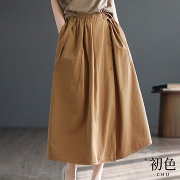 初色  大碼鈕扣裝飾口袋設計鬆緊高腰半身裙-共2色-67347(M-2XL可選)