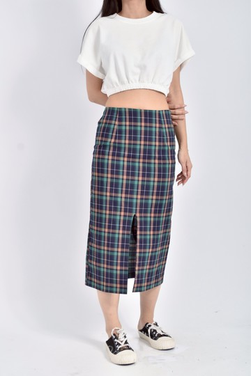 (S) jacson韓牌質感格紋開衩綠色長裙