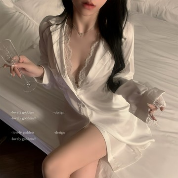 原創性感蕾絲長袖純欲風寬松襯衫睡衣家居套裝女【木屋雜貨】