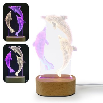 小夜燈 3D立體圖案 原木底座 雙色燈片USB小夜燈(線控開關)-海豚(藍光+暖光)