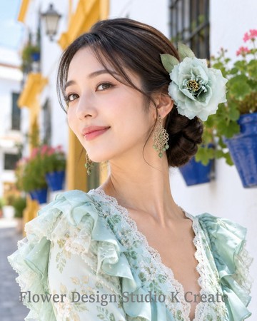 鼠尾草綠大朵玫瑰髮飾 | 佛朗明哥・社交舞・和服・成人式・婚禮・預拍