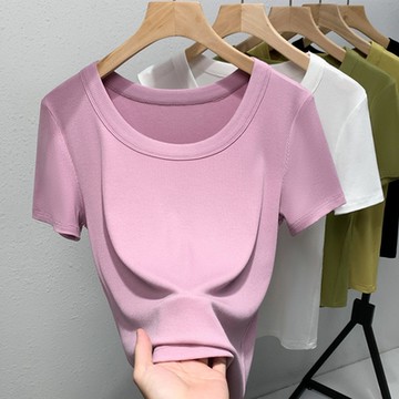 專注內搭-莫代爾短袖T恤寬邊圓領彈力收腰上衣(五色S-3XL可選)