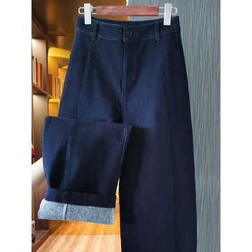 顯瘦版型深藍色加絨高腰牛仔褲休閑百搭寬松垮褲女2025年秋季大碼