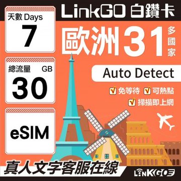 LINKGO白鑽卡 歐洲31國 eSIM卡 7天上網卡 總流量30GB(歐洲網卡 西班牙 德國 奧地利 英國)