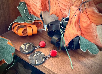 手繪灰銀黑美國牛黃革 哥德式風格 皮革耳環 吊飾耳環