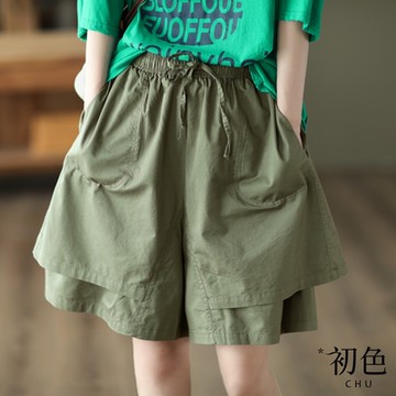 初色 寬鬆休閒鬆緊帶雙層闊腿寬褲大口袋五分短褲-共3色-68701(M-2XL可選)