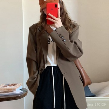 【FROCK】長袖西裝 韓係西裝 西裝外套 咖色外套韓版英倫風設計感上衣 寬鬆外套 大尺碼外套  顯瘦外套 西服上衣