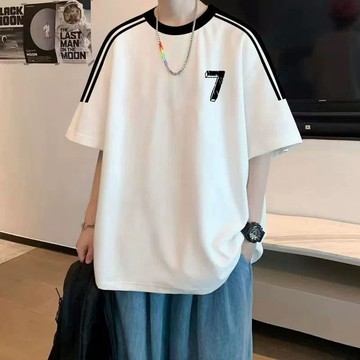 重磅純棉美式高街三條槓短袖T恤男夏季穿搭美式潮流半袖衣服上衣