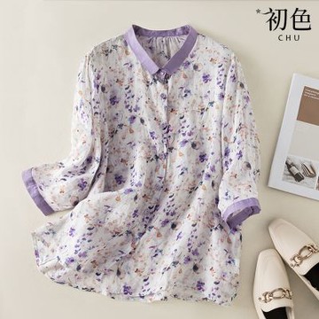 初色  棉麻風五分袖小碎花襯衫上衣-共2色-62493(M-2XL可選)