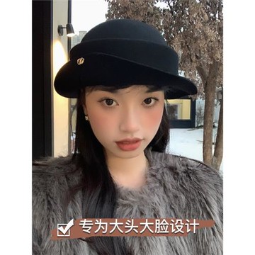 黑色禮帽女羊毛氈英倫赫本風大頭圍漁夫帽卷邊帽子時尚高級感盆帽
