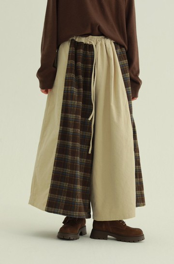 拼接漫想  加厚燈芯絨磨毛寬褲 格子拼接闊腿褲 休閒長褲