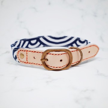 狗 項圈 寬2.5公分 項圈 (不含吊牌) 和風海浪紋+植揉皮革 真皮+韓國布 贈鈴鐺 禮物