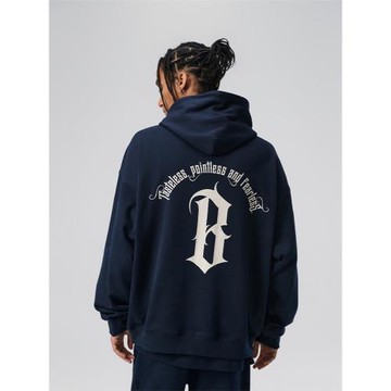 【清倉】BONELESS 圓弧哥特字體logo印花加絨連帽衛衣男美式