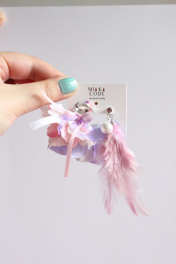 手工串珠 波西米亞風粉紅紫色 花花耳環/耳夾