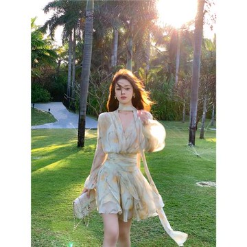 (免運)ByYou春季長袖v領泡泡袖雪紡黃色碎花連衣裙兩件套收腰仙女短裙子