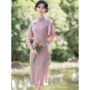 名麗夏季年輕氣質日常改良旗袍復古中長款飛飛袖顯瘦法式連衣裙