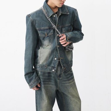 港風復古懷舊藍磨白高街墊肩牛仔外套男休閑夾克帥氣寬松工裝上衣