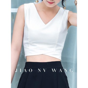 露腰遮副乳白色小背心女夏性感外穿短款小衫V領坎肩無袖雪紡上衣