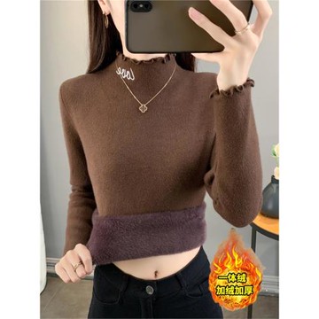 秋冬新款一體絨毛衣女木耳邊保暖針織打底衫加絨加厚內搭套頭上衣