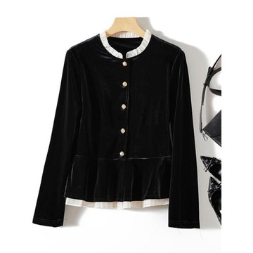 高級質感 法式赫本T恤衫時髦洋氣辣妹小香風黑色真絲絨襯衫上衣女