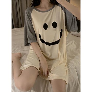 莫代爾笑臉睡裙女生夏季薄款短袖韓國寬松休閑圓領學生夏天睡衣裙