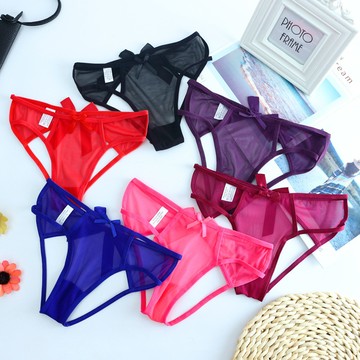 ParrotFashion外貿網紗女士內褲鏤空 露屁屁性感內褲 女版細帶蝴蝶結三角褲8022