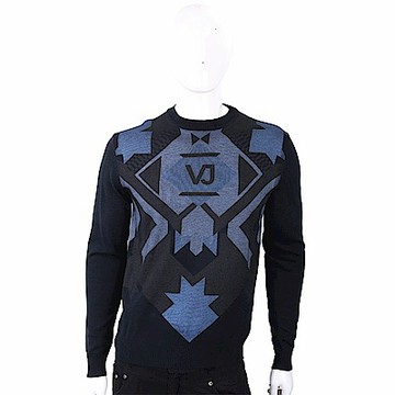 VERSACE 菱格幾何圖騰黑夜藍針織羊毛衫