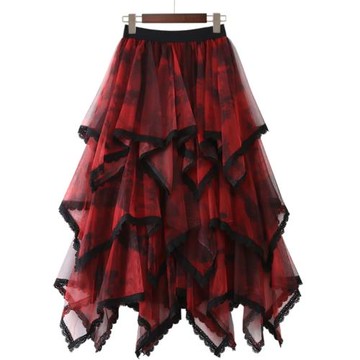 紗裙女2023新品蕾絲蛋糕蓬蓬裙暈染印花超仙女裙不規則網紗半身裙