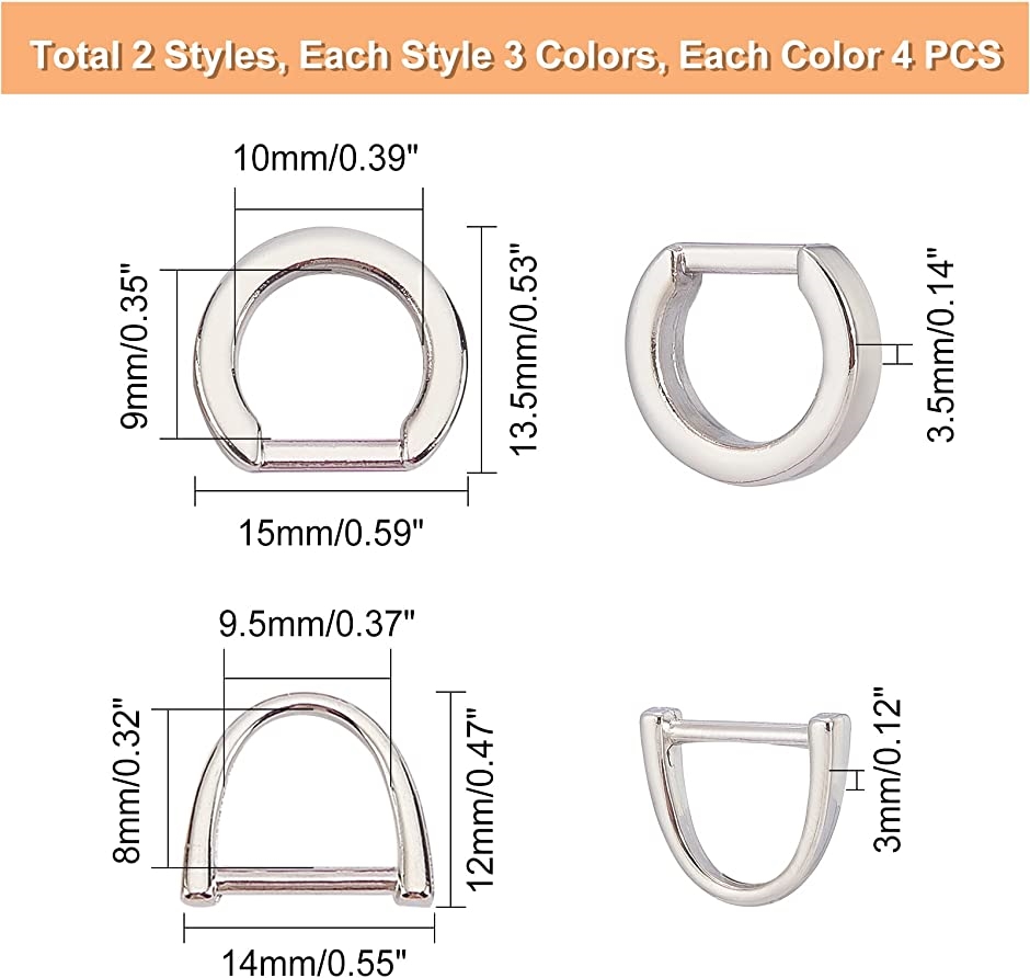 24個 3色 Dカン 手作り D環 幅9.5mm   10mm Dリング 金具 パーツ ジュエリー バッグ DIY用 手芸用品 MDM